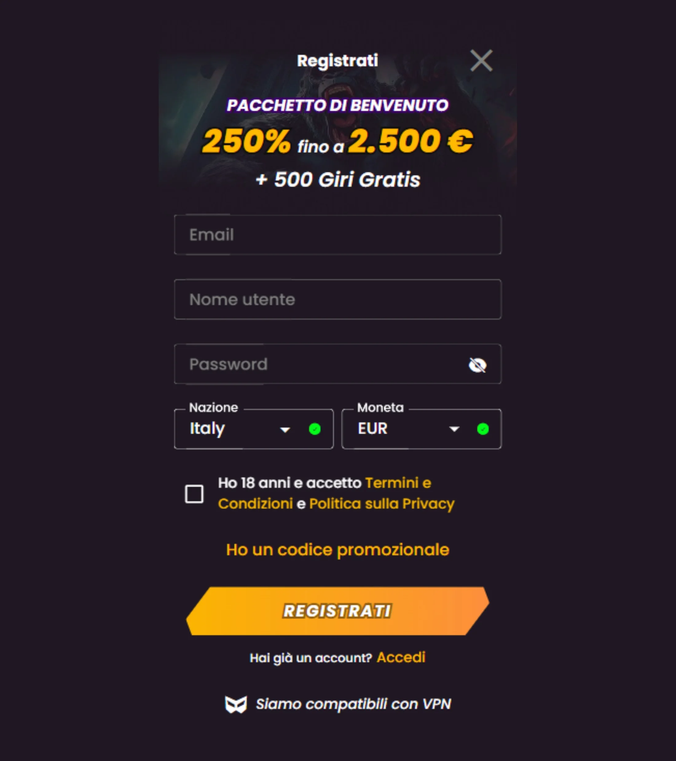 2 inserisci email username password