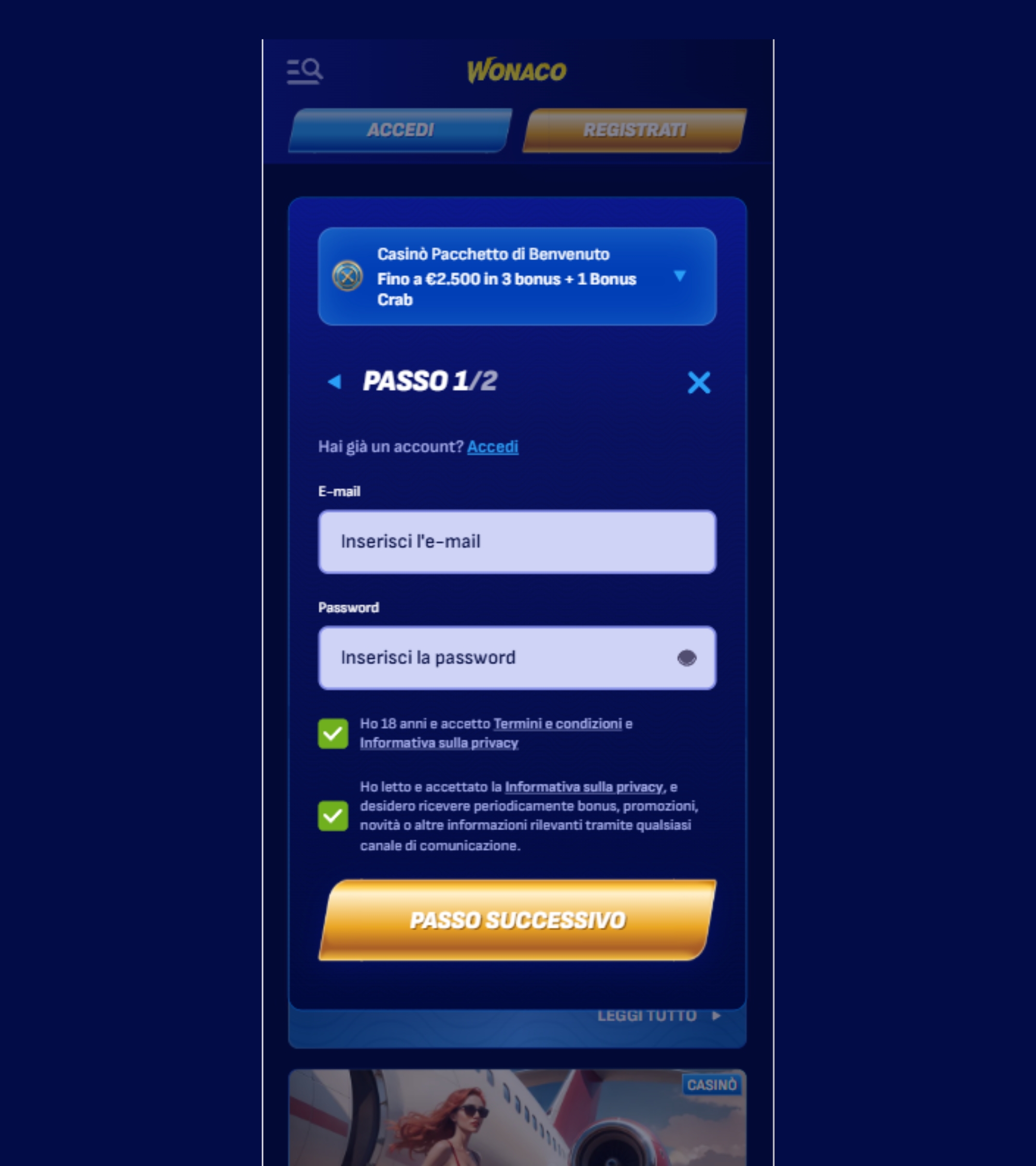 inserisci email e accetta regole wonaco