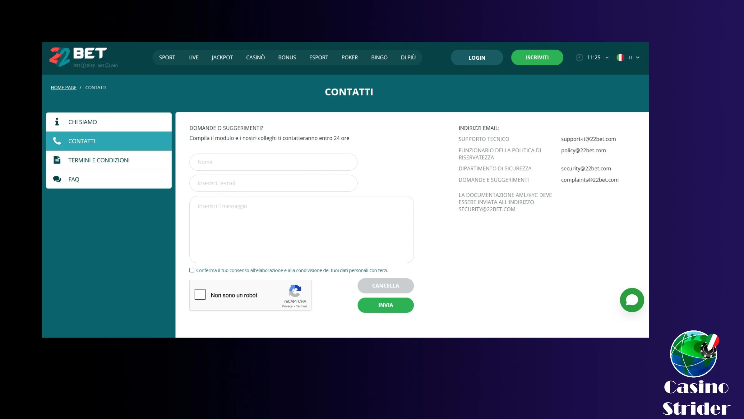 Assistenza clienti immediata 22bet