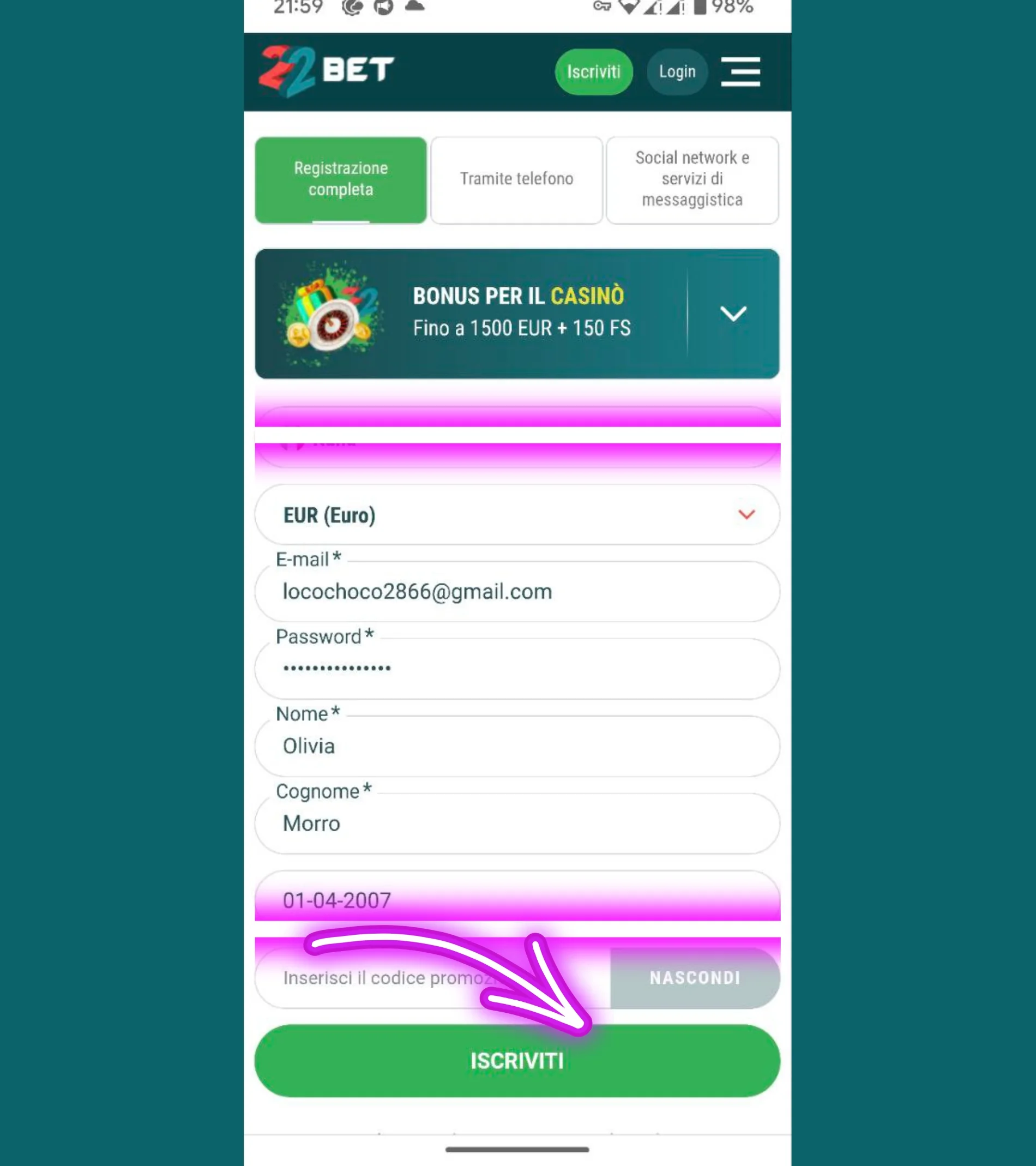 completare creazione dellaccount 22bet