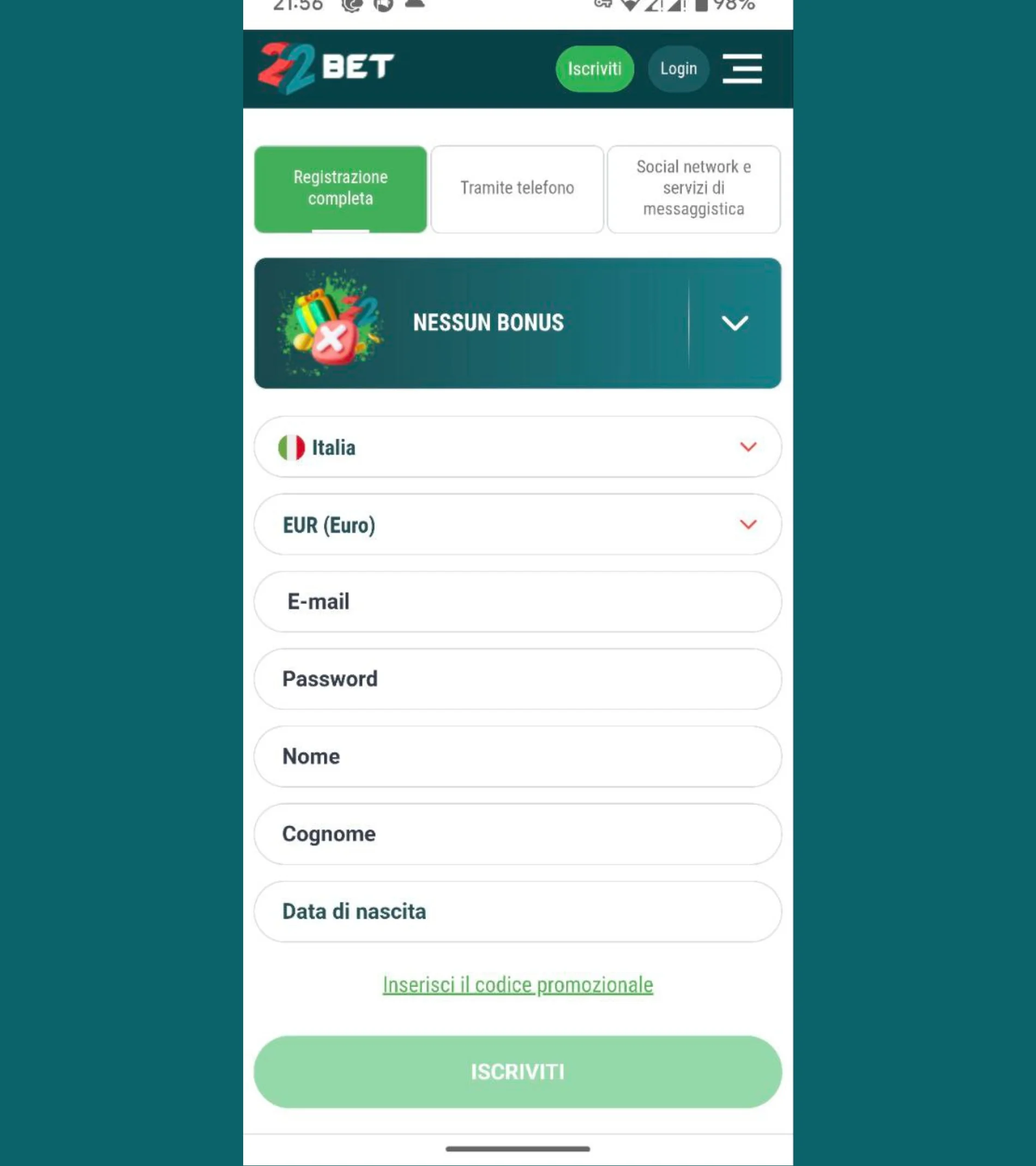 la registrazione completa