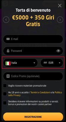Selezione paese e valuta
