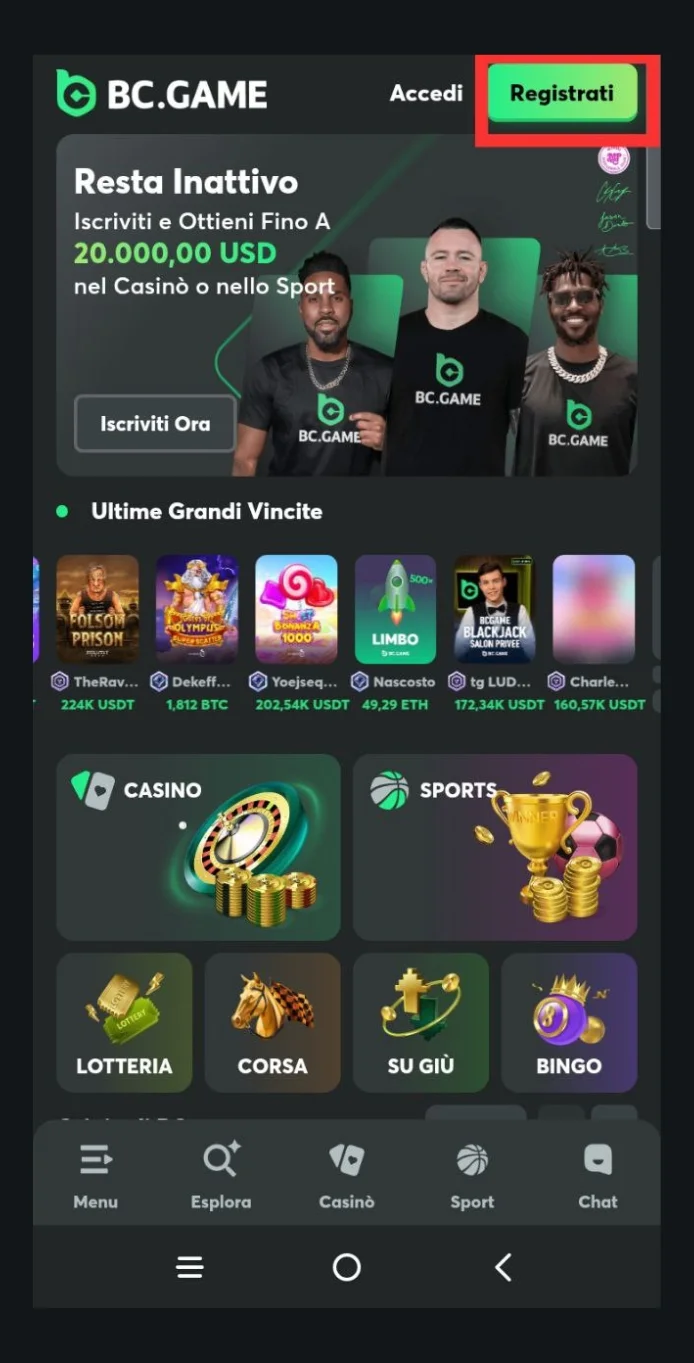 Clicca su "Registrati"