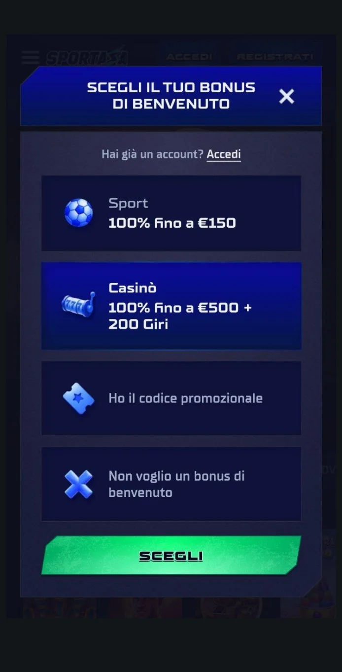 Scegliete il tipo di bonus di benvenuto
