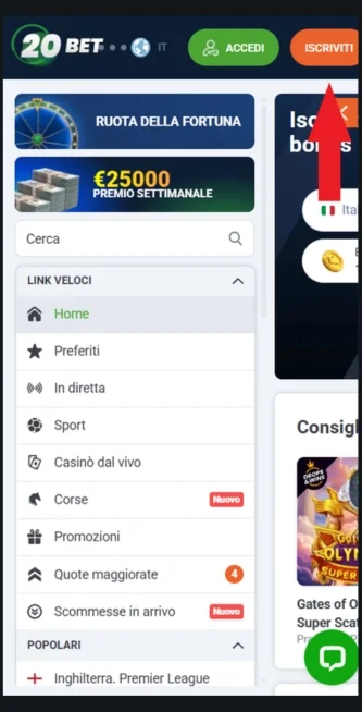 1 Avvia la registrazione su 20bet