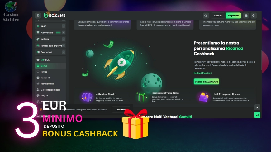 Bonus Cashback per deposito minimo 3€
