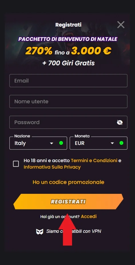 Completa la creazione del conto casinò