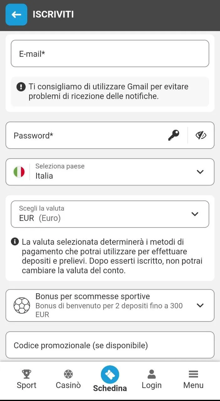 Compila il modulo di iscrizione