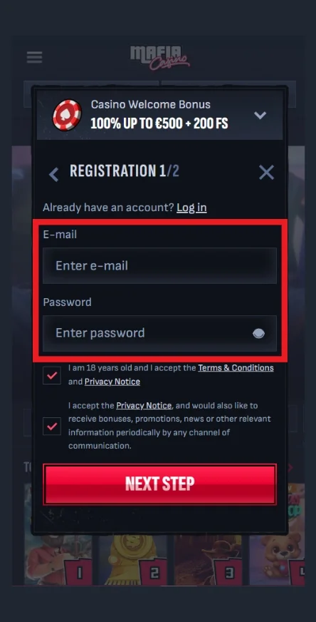 Completa il primo step della registrazione