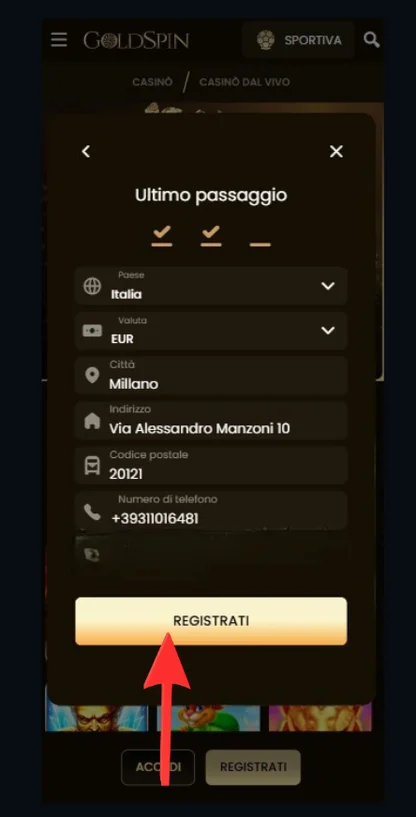 finalizzazione Registrazione al GoldSpin