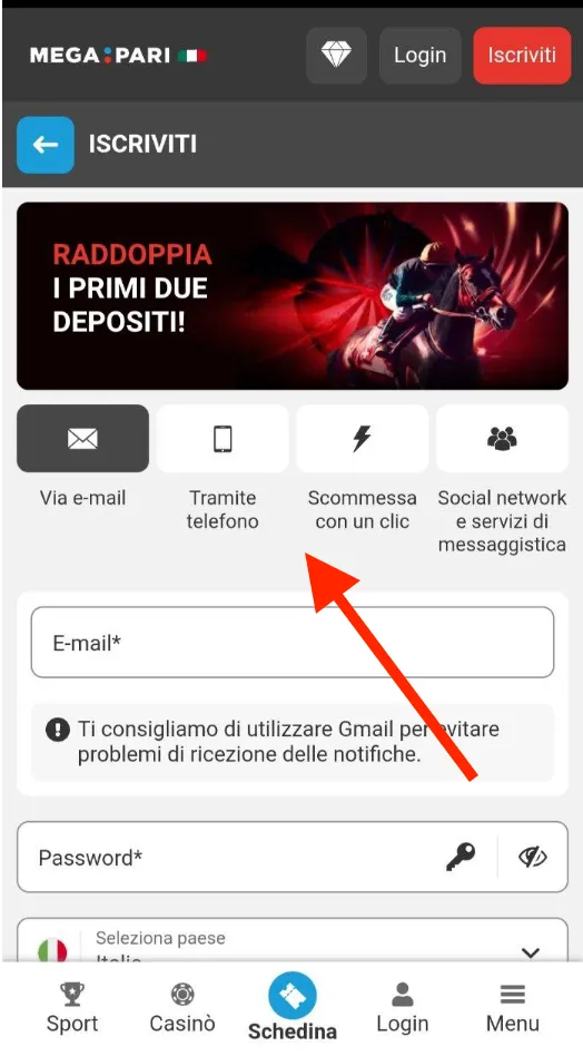 Scegli il metodo di registrazione