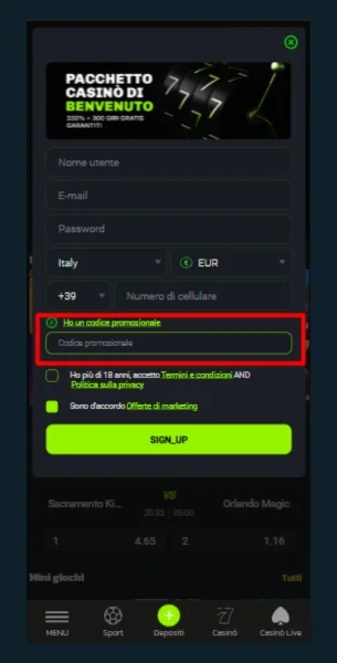 Inserire il codice promozionale