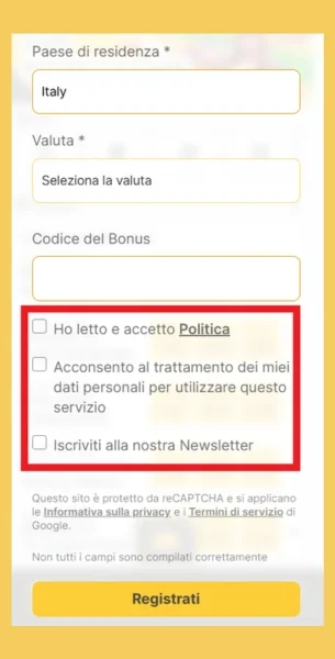 ReloadBet accetta i termini del sito