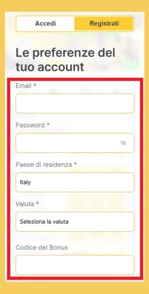 ReloadBet compila i dati di base dell’account.